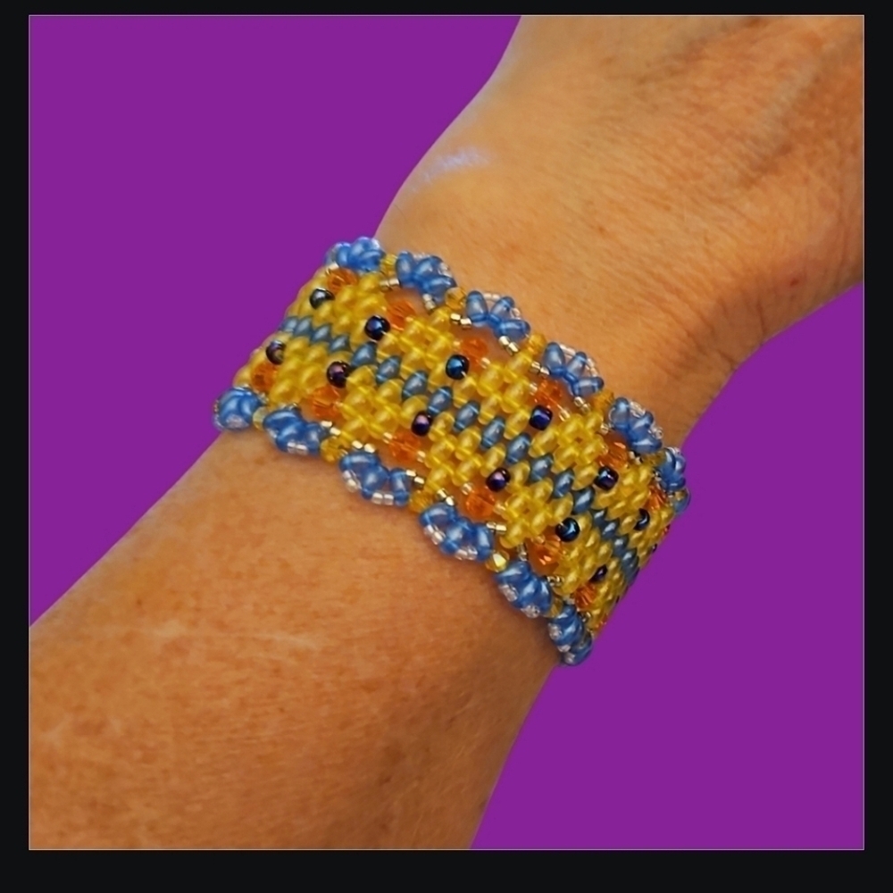Handmade Bright Yellow Wide Woven Glass Beaded Toggle Cuff Castlecore Bracelet